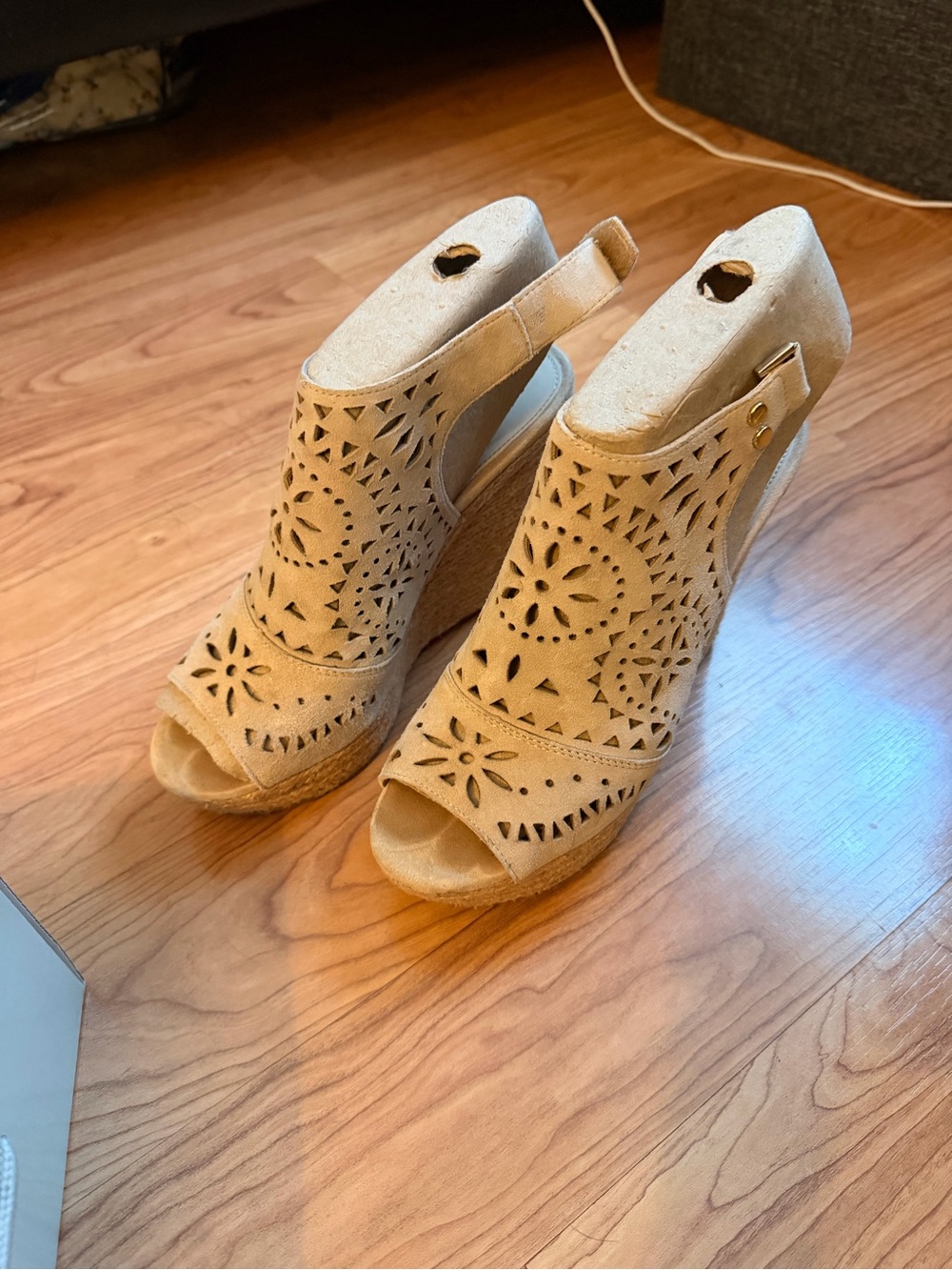 Marc Fisher Laser-Cut Tan Suede Wedge Sandals
